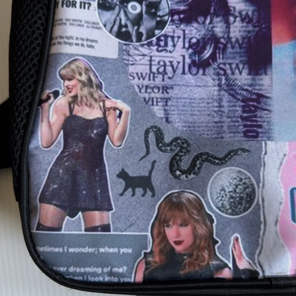 Taylor Swift inspired black, pink & gray collage backpack.